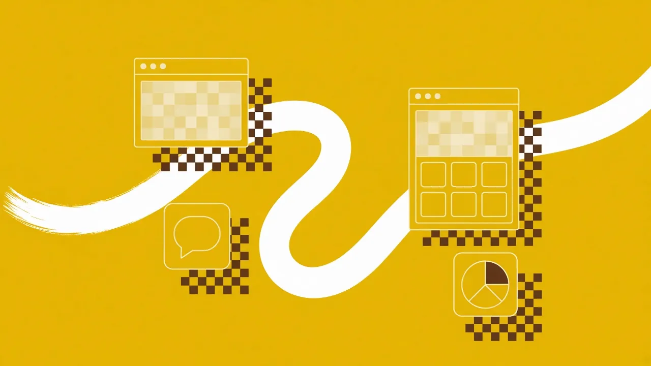 Yellow illustration of a white path linking two app windows, with chat and pie chart icons on pixel trails