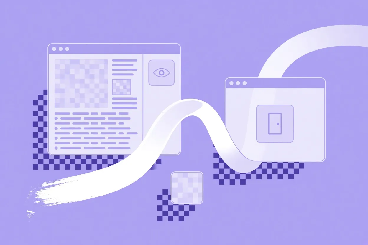 Illustration of a channel window full of earlier messages with an eye icon, beside a second window with a door, waiting to j…
