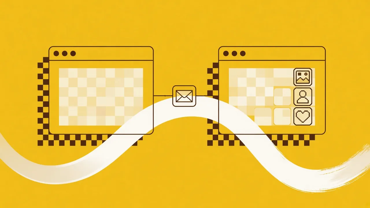 Illustration of two app windows linked by an envelope, an invitation travelling from one workspace to another