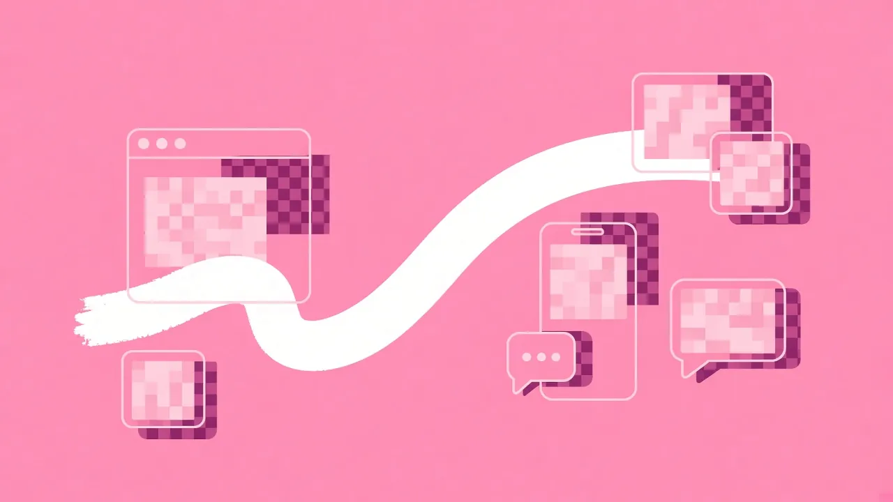 Pink illustration of a white arrow curving past pixelated app windows, a phone, and chat bubbles