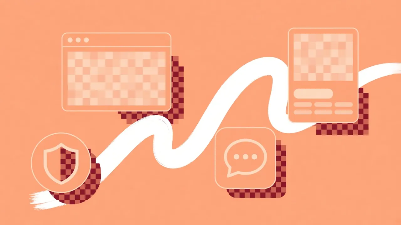 Illustration of a white wavy path linking a browser window, a mobile app screen, a shield icon, and a chat bubble, all on a…