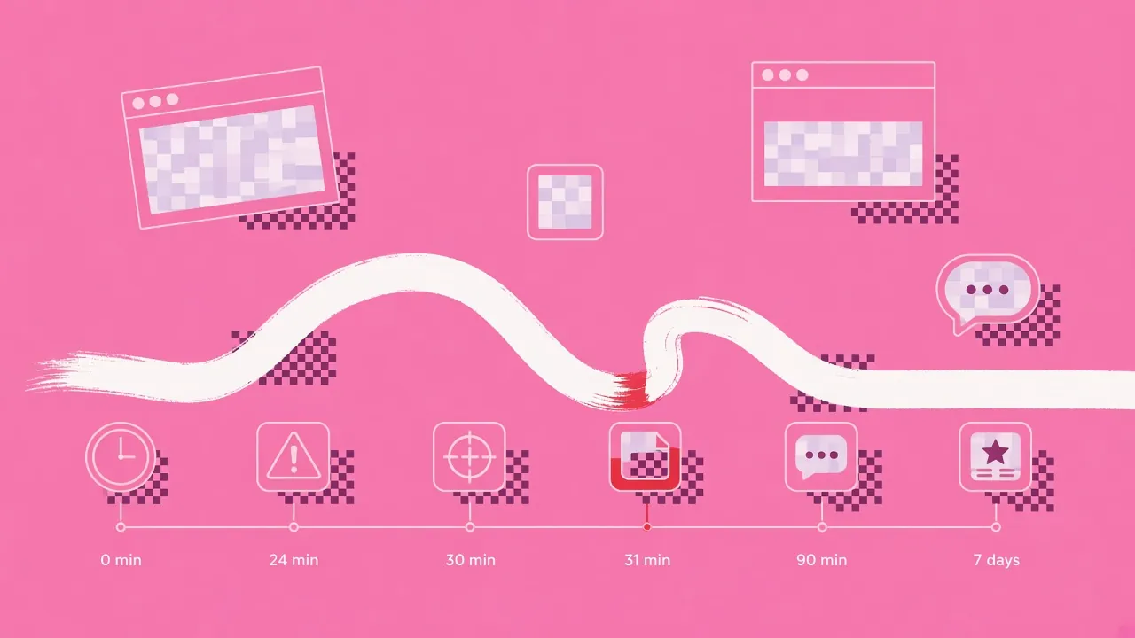 Timeline of an SLA breach from clock start to warning, target, breach and credit claim