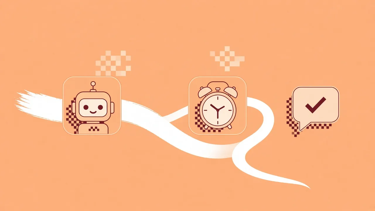 Illustration of a robot tile, an alarm clock tile and a chat bubble with a check mark, linked by a ribbon