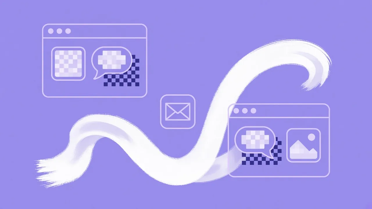 Illustration of two app windows from different companies, each with a chat bubble, linked by an envelope