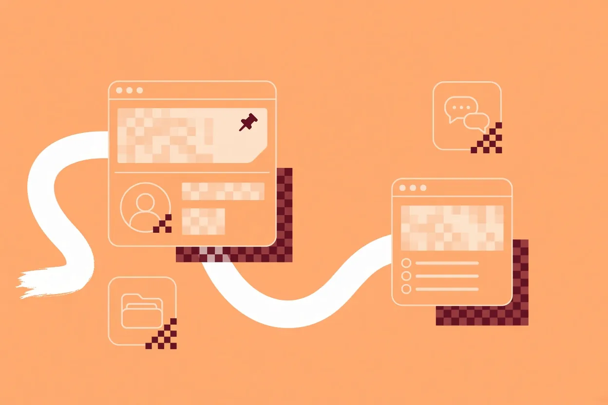 Illustration of a shared channel with a pinned welcome note and one named owner, beside a smaller internal channel