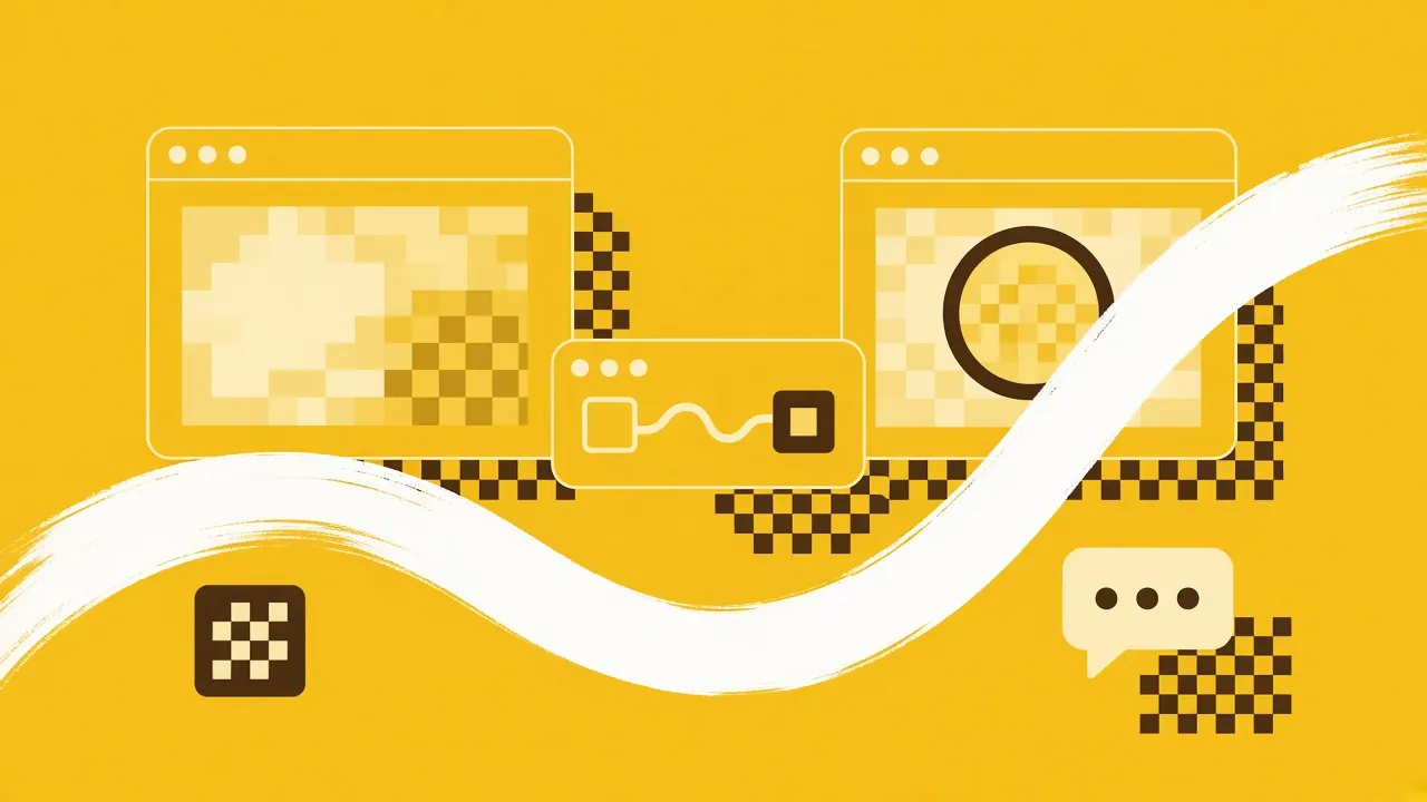 Illustration of two app windows, one with a square badge and one with a round badge, joined by a shared channel