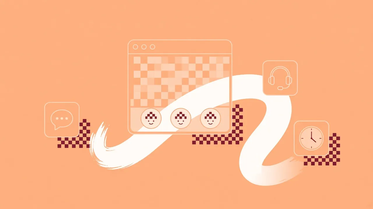 Illustration of a shared channel window with three customer badges, beside a chat bubble, a headset and a clock