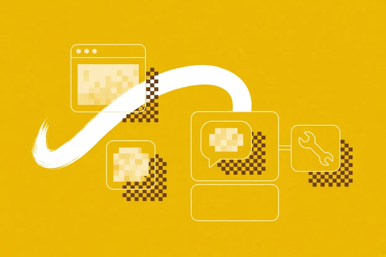 Illustration of a customer chat card connected to a separate tile with a wrench, beside an app window