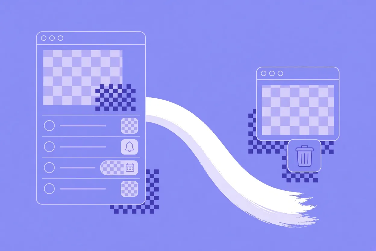 Illustration of a to-do list with a bell and a due date on two items, beside a channel card with a delete icon