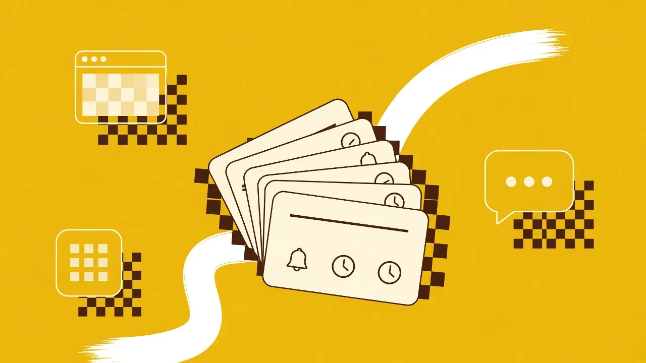 Illustration of a fanned stack of reminder cards with bell and clock icons, beside a chat bubble