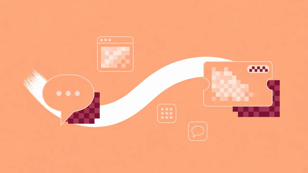 Illustration of a chat bubble linked by a ribbon to a ticket card with a status pill