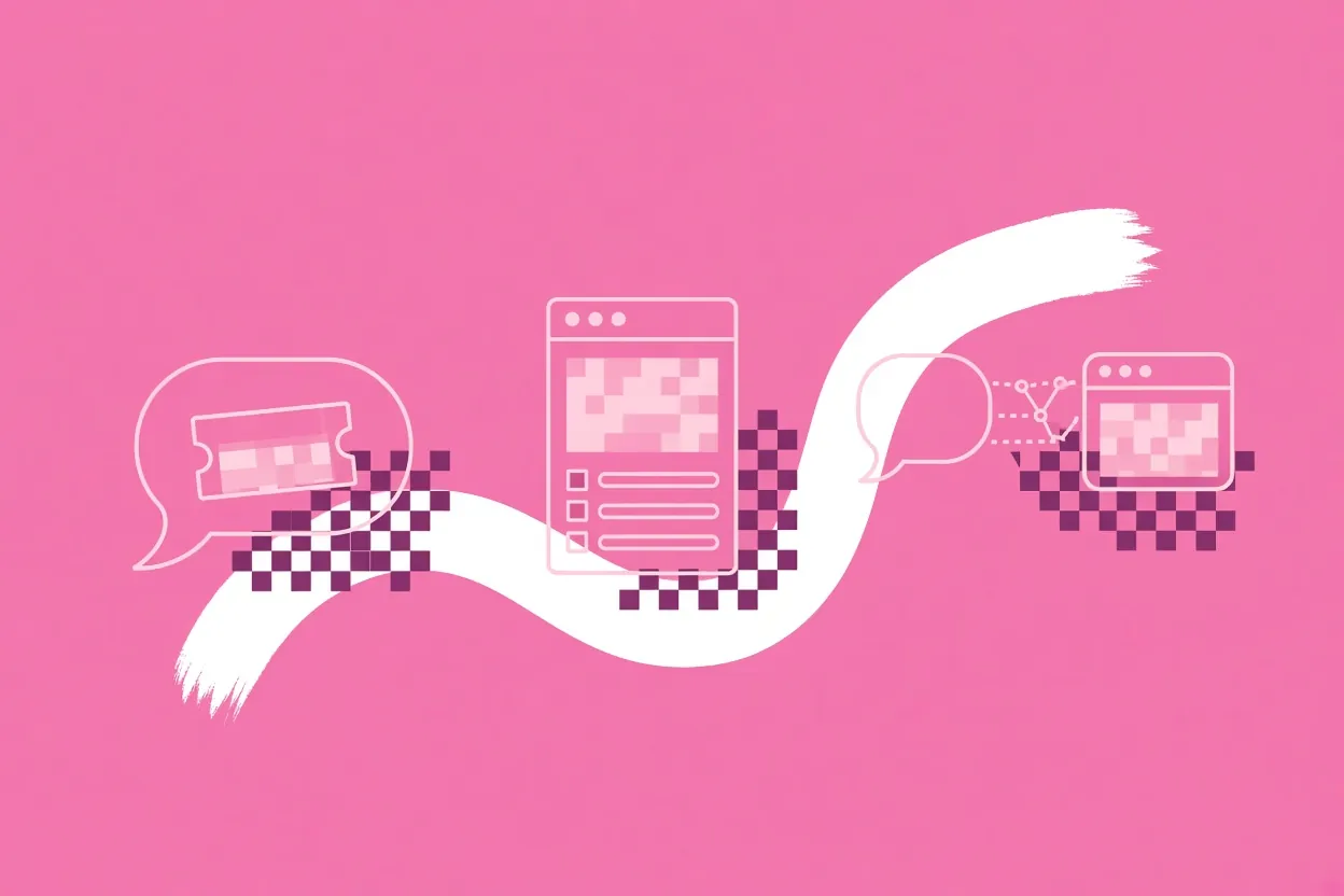 Illustration of a chat bubble holding a ticket, a help desk window with a queue, and a chat bubble bridged to a window