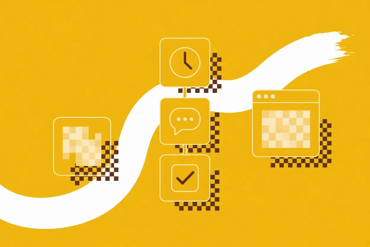 Illustration of three workflow step cards stacked and linked: a clock, a chat bubble and a checkmark
