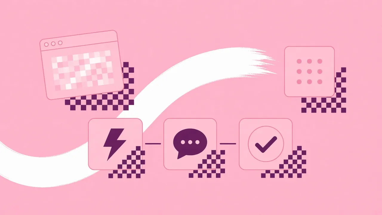 Illustration of three linked workflow steps: a lightning bolt, a chat bubble and a checkmark