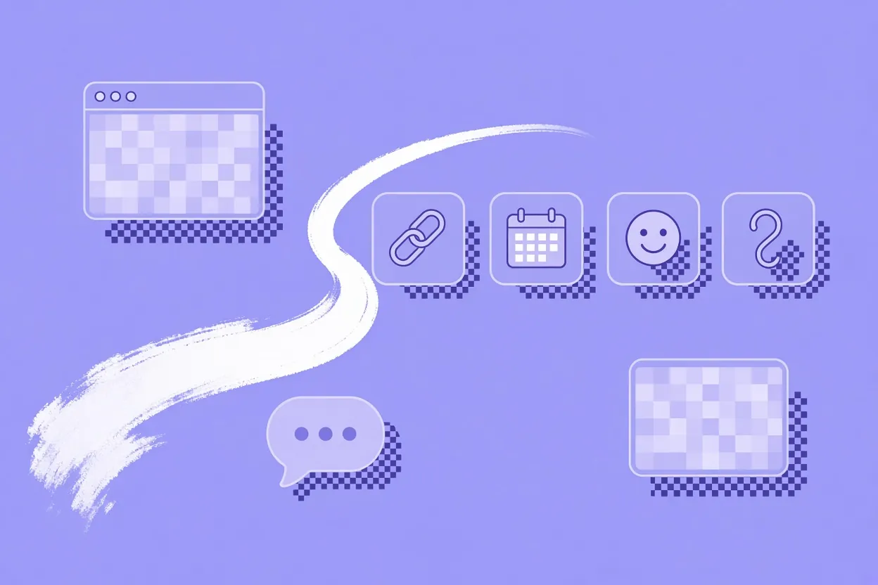 Illustration of four trigger icons in a row: a link, a calendar, a smiling face and a hook