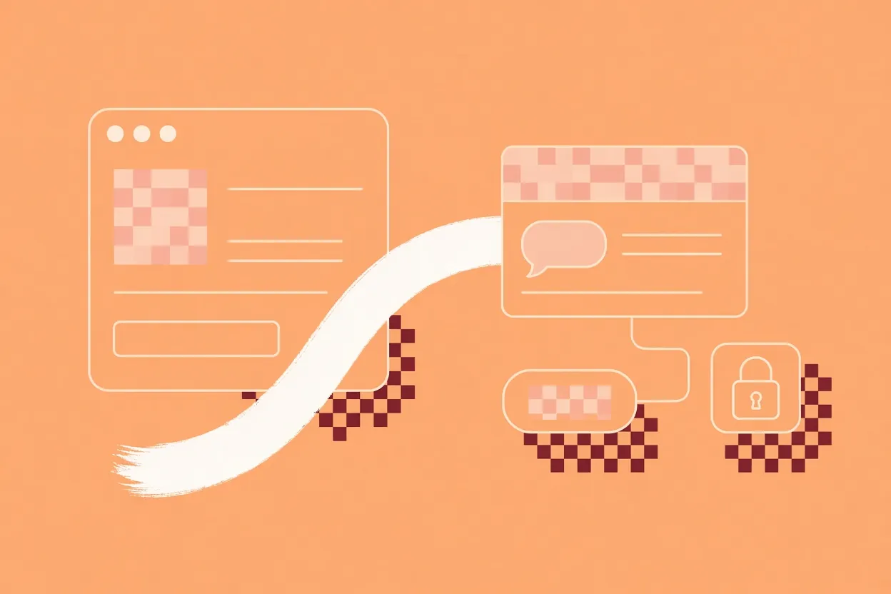 Illustration of a request form linked to an approval message with a button and a lock