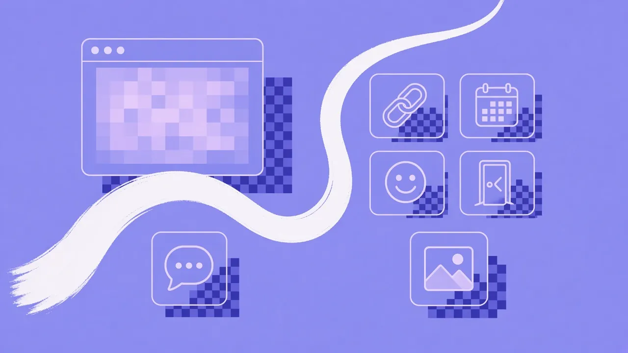 Illustration of workflow trigger tiles, a link, a calendar, a smiling face and a door, beside an app window and a chat bubble