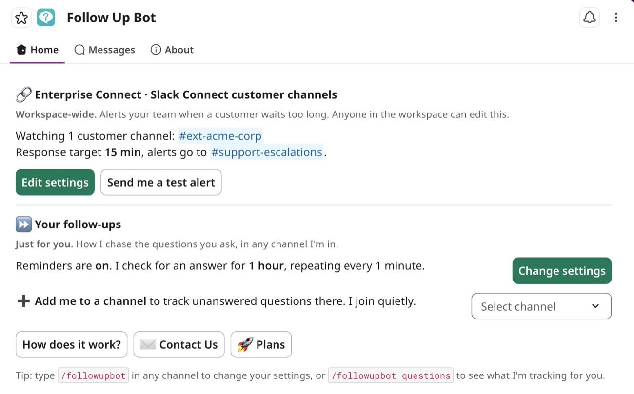 Follow Up Bot's Home tab showing the Slack Connect customer channels being watched