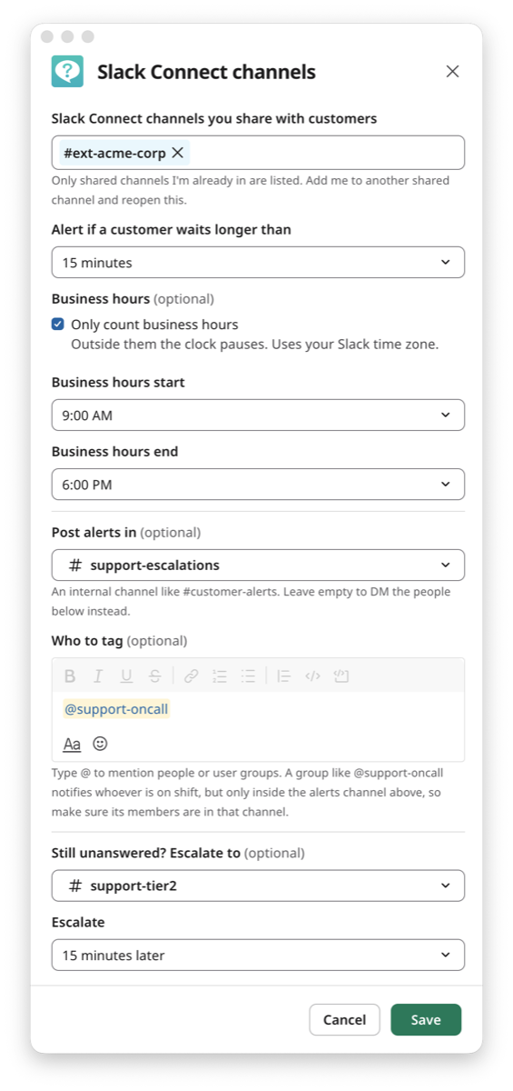 The Slack Connect channels setup dialog